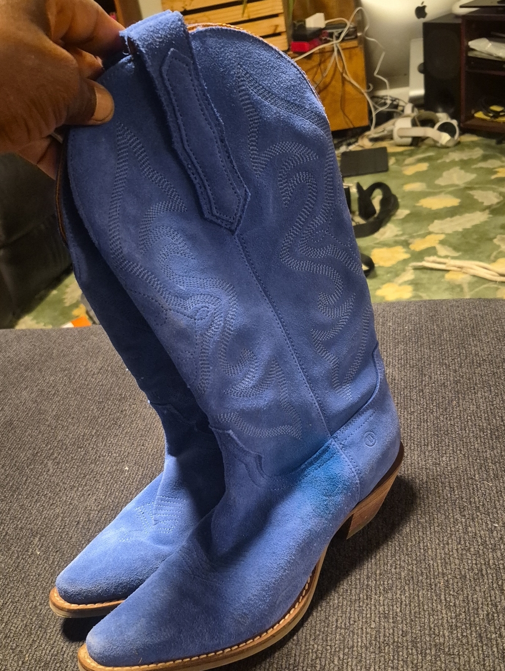 Blue Suede Western Boots - Stylish Cowboy Design